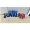 Image 1 : Vintage Glassware Set: Blue Floral Tumblers, Cobalt Pilsner Flutes, and Red Plaid Tumblers