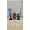 Image 5 : Vintage Glassware Set: Blue Floral Tumblers, Cobalt Pilsner Flutes, and Red Plaid Tumblers