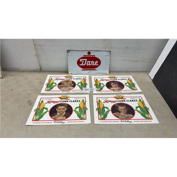 Dare Metal Advertising Sign, 8 1/2 × 15” and Kellogg's Corn Flakes 85th Anniversary Place Mats