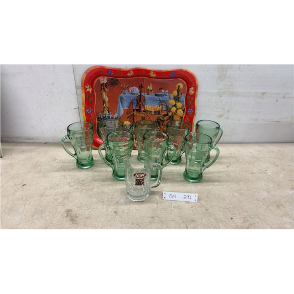 Vintage Coca-Cola Metal Serving Tray, Green Glass Coca-Cola Mugs, and A&W Root Beer Mug