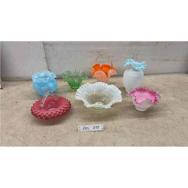Vintage Fenton Style Art Glass Collection, Ruffled Vases, Hobnail Bowls, Baskets