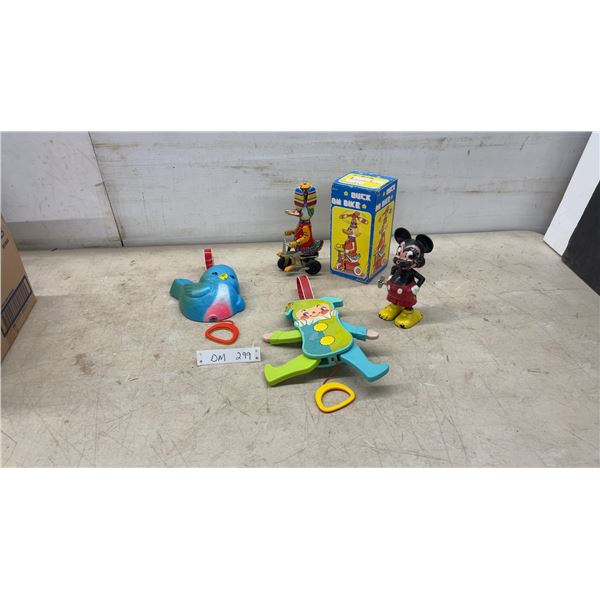 Vintage Toys: Tin Wind-Up Duck on Bike, Mickey Mouse Figure, Musical Crib Toys