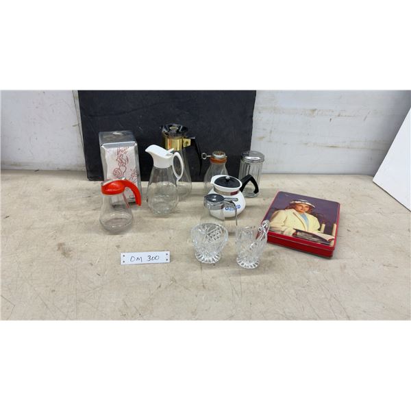 Vintage Kitchenware, Glass Syrup Dispensers, Coffee Carafe, Napkin Dispenser, Crystal Creamer