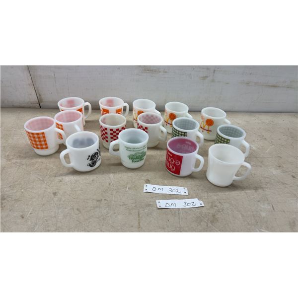 Vintage 15 Milk Glass Mugs, Fire King, Federal, McDonald's, OXO, Bonanza, Gingham Patterns
