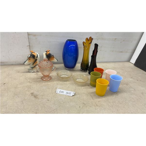 Ceramic Collie Dog Bookends, Vases, Depression Glassware, Tupperware Cups