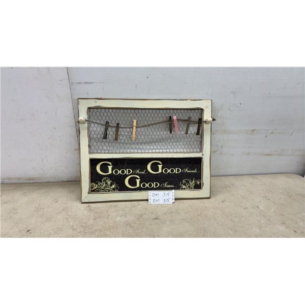 Rustic Farmhouse "Good Food Good Friends Good Times" Sign with Chicken Wire Photo Display