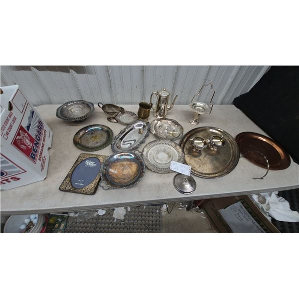 Collection of Silver-Plated and Brass Tableware: Teapot, Gravy Boat, Trays, Plates
