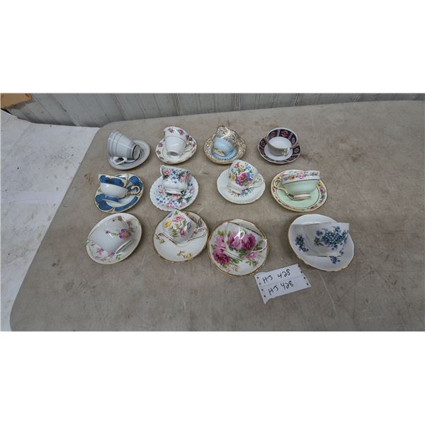 Collection of 12 Porcelain Teacups and Saucers, Various Patterns and Colors