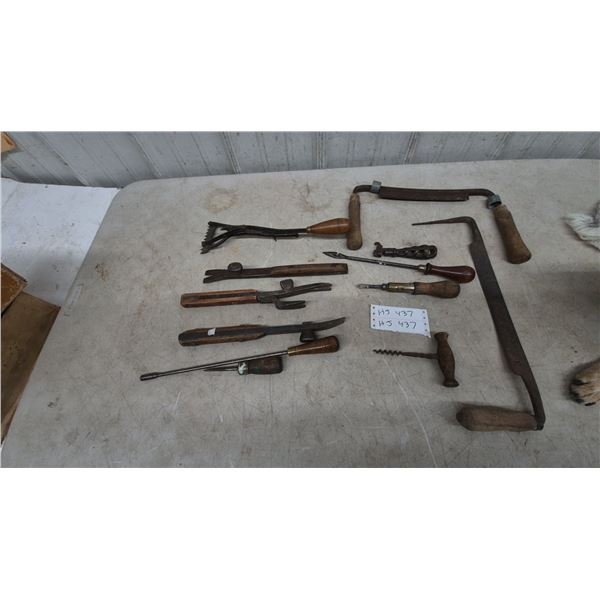 Assorted Antique and Vintage Hand Tools: Drawknife, Corkscrews, Awls, nail pullers