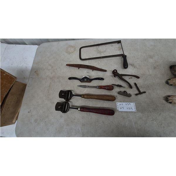 Assorted Hand Tools: Hack Saw, handled planer Spokeshave, Scrapers, Pliers