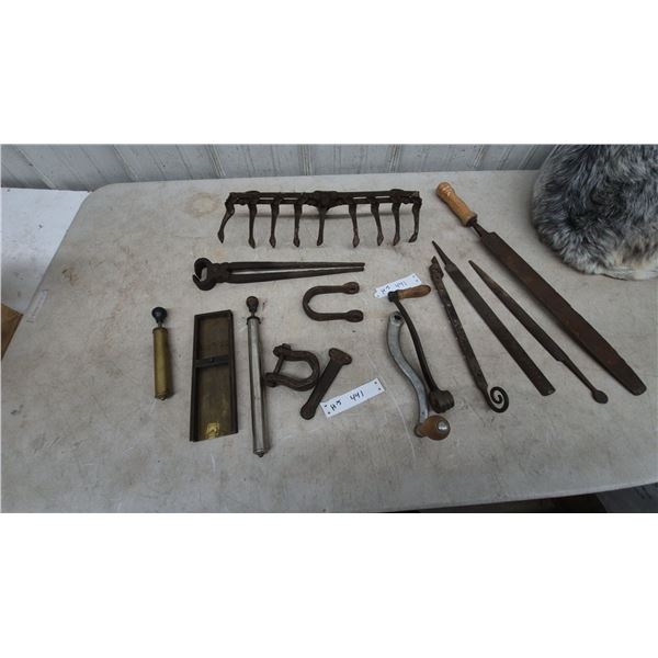 Assorted Antique Tools: rake head Blacksmith Tongs, Brass and Metal Pumps