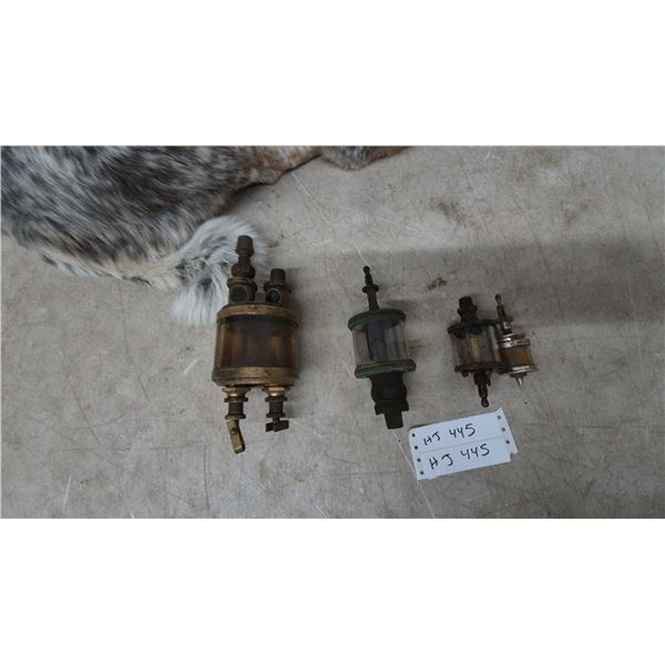 4 Antique Brass and Glass Oilers, Various Sizes, One Double