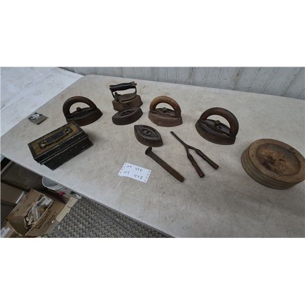 Collection of Antique Sad Irons, Curling Iron, and Wooden Bowls