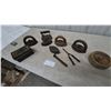 Image 1 : Collection of Antique Sad Irons, Curling Iron, and Wooden Bowls