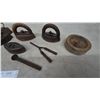 Image 5 : Collection of Antique Sad Irons, Curling Iron, and Wooden Bowls