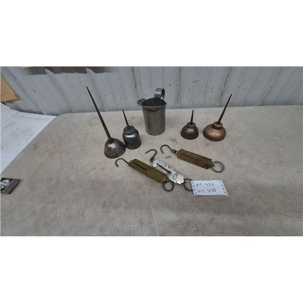 Assorted Oil Cans, Metal oil Pitcher, and 3 Spring Scales