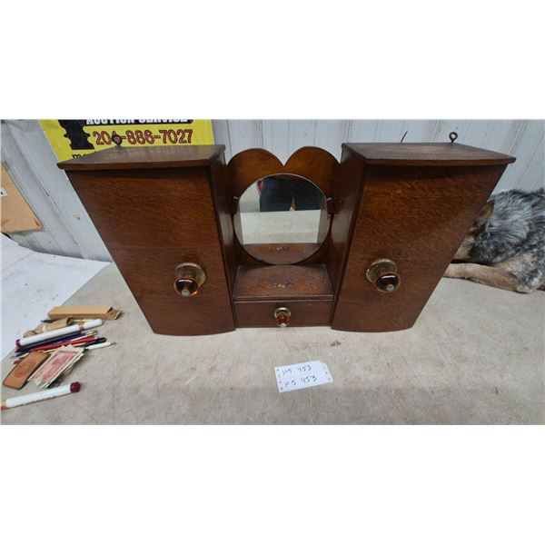 Vintage Oak Medicine Cabinet with Heart-Shaped Mirror and Drawer