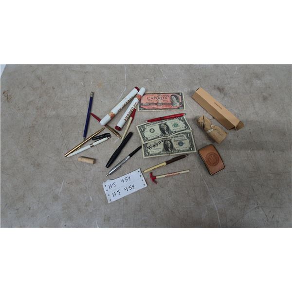 Assorted Pens, Currency, and Ephemera, Including Sheaffer Pen Box, US and Canadian Currency pool