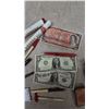 Image 4 : Assorted Pens, Currency, and Ephemera, Including Sheaffer Pen Box, US and Canadian Currency pool