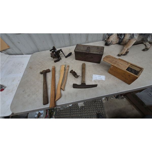 Fordson Tool Box, Hand Grinder, 2 Hammers, 3 Hammer Handles, and Wood Box for Bits