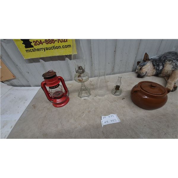 Red Lantern, Oil Lamps (1 with Chimney), Small Oil Lamp, and Lidded Bean Pot