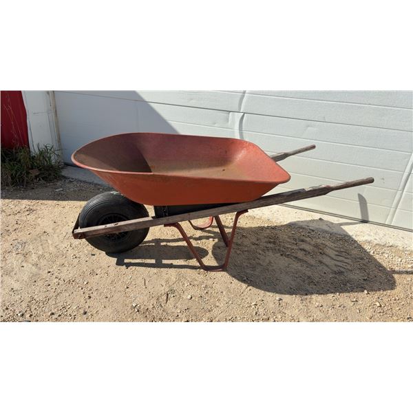 Vintage True Temper Wheelbarrow with Metal Bed, Wooden Handles, and Single Pneumatic Tire