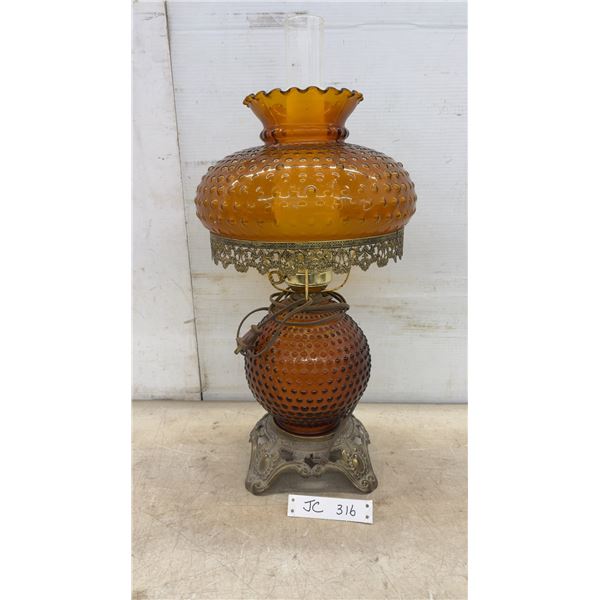 Vintage Amber Hobnail Glass "Gone With the Wind" Electric Hurricane Lamp with Ornate Metal Base