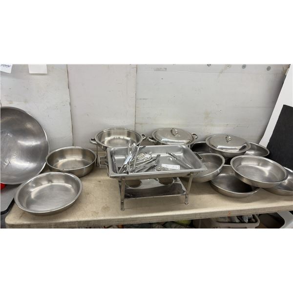 Stainless Steel Catering Lot: Chafing Dishes, Fuel Holders, Serving Tongs, Bowls, Pans