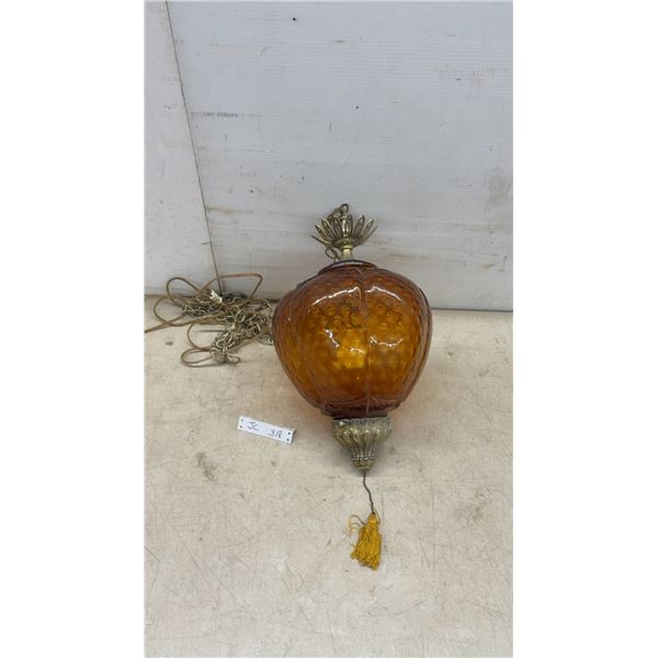 Vintage Mid-Century Modern Amber Textured Glass Swag Lamp With Brass-Tone Accents