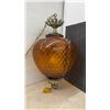 Image 2 : Vintage Mid-Century Modern Amber Textured Glass Swag Lamp With Brass-Tone Accents