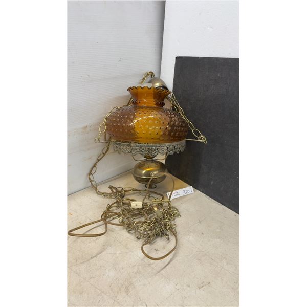 Vintage Amber Hobnail Glass Hanging Swag Lamp with Brass-Tone Filigree Base and Chain