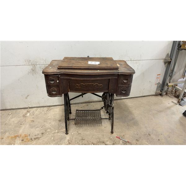 Antique White Treadle Sewing Machine Cabinet with Cast Iron Base and Four Drawers
