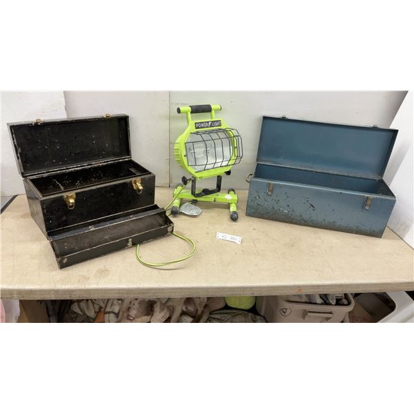 Power Light Portable Halogen Work Light and Two Metal Toolboxes