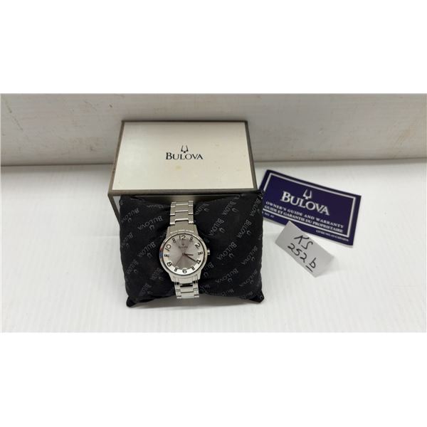 New Bulova Quartz Wristwatch with Silver Dial, Stainless Steel Bracelet, Box, and Warranty