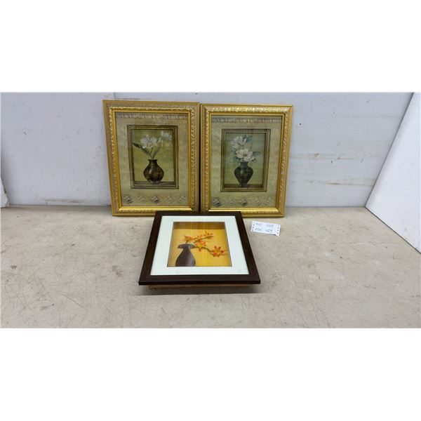 Set of Three Framed Floral Still Life Prints, Two Gold Ornate Frames and One Shadowbox, Largest