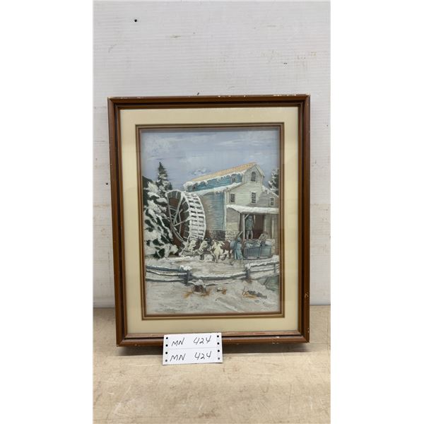 Framed 3D Relief Diorama Artwork of Snowy Winter Water Mill Scene, 18 1/2 × 14 1/2”