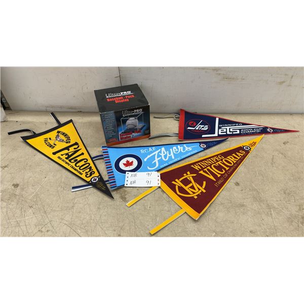 Winnipeg Falcons, Jets, RCAF Flyers, and Victorias Pennants; Ultra-Pro Baseball-Puck Display