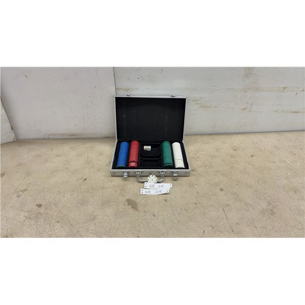 Poker Chip Set with Blue, Red, Green, and White Chips, Two Dice, and Aluminum Carrying Case
