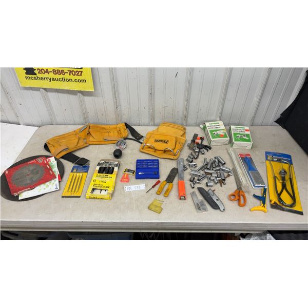 Tool lot: Leather Tool Belts, mechanics Stethoscope, Sockets, Gluing Clamps