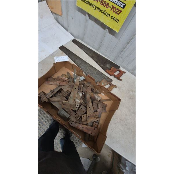 Assorted Rusty Hinges and 2 Hand Saws