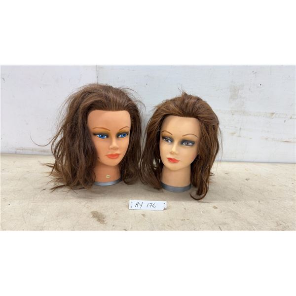 Two Female Cosmetology Mannequin Training Heads with Brown Synthetic Hair