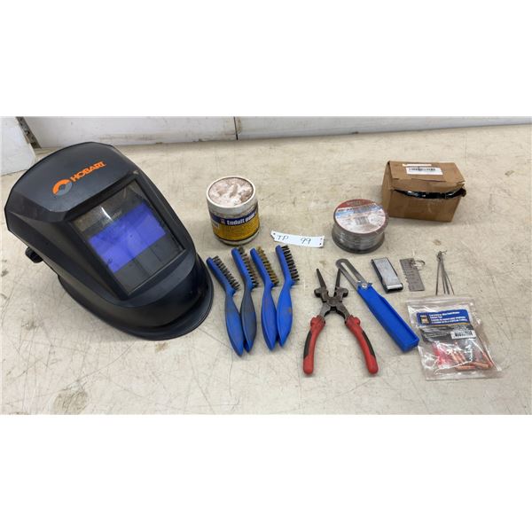 Hobart Auto Darkening Welding Helmet, 4 Wire Brushes, Pliers, and Welding Accessories