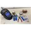 Image 1 : Hobart Auto Darkening Welding Helmet, 4 Wire Brushes, Pliers, and Welding Accessories
