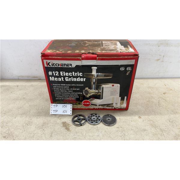 New/Never Used Kitchener #12 Electric Meat Grinder, 400W, 4.4 Lbs./Min., 3 Grinding Plates, Knife