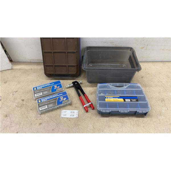 Rivet Tool, 2 Power Fist 150-Pc. Rivet and Nut Kits, Parts Organizer, and Storage Bin