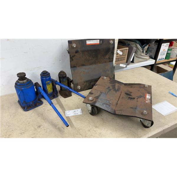 3 Power Fist Bottle Jacks and 2 Dolly Movers