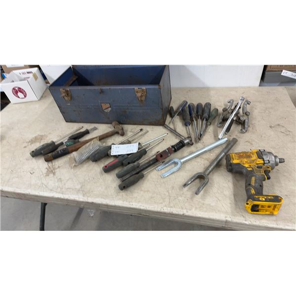 Blue Metal Tool Box, DEWALT 20V XR Impact Wrench, Screwdrivers