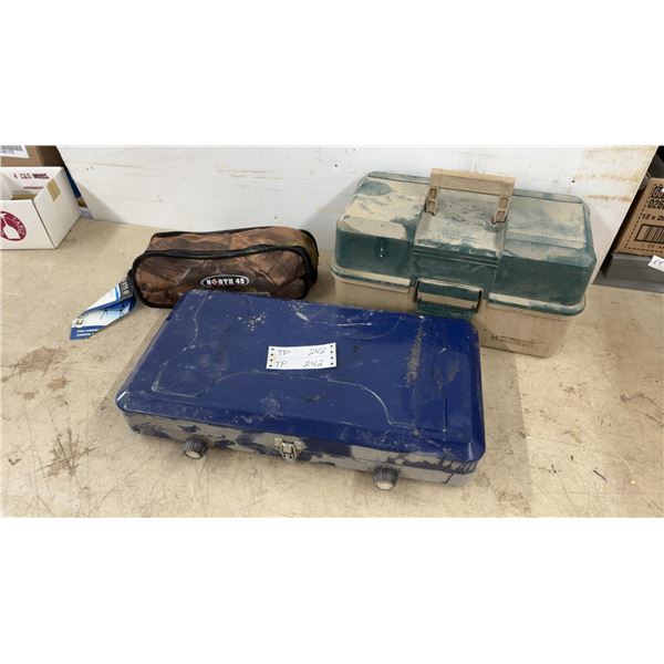 North 49 Camo Folding Chair, North 49 Camo Bag, Blue 2-Burner Camp Stove, and 2 Tackle Boxes with