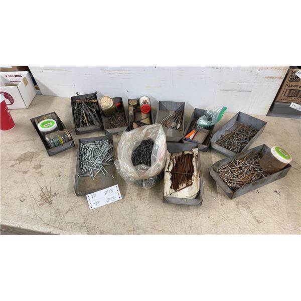 Assorted Nails, Drill Bits, and Empty Storage Jars