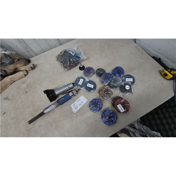 Powerbuilt Needle Scaler and Air Angle Grinder; Assorted Sanding Discs, 60 and 120 Grit